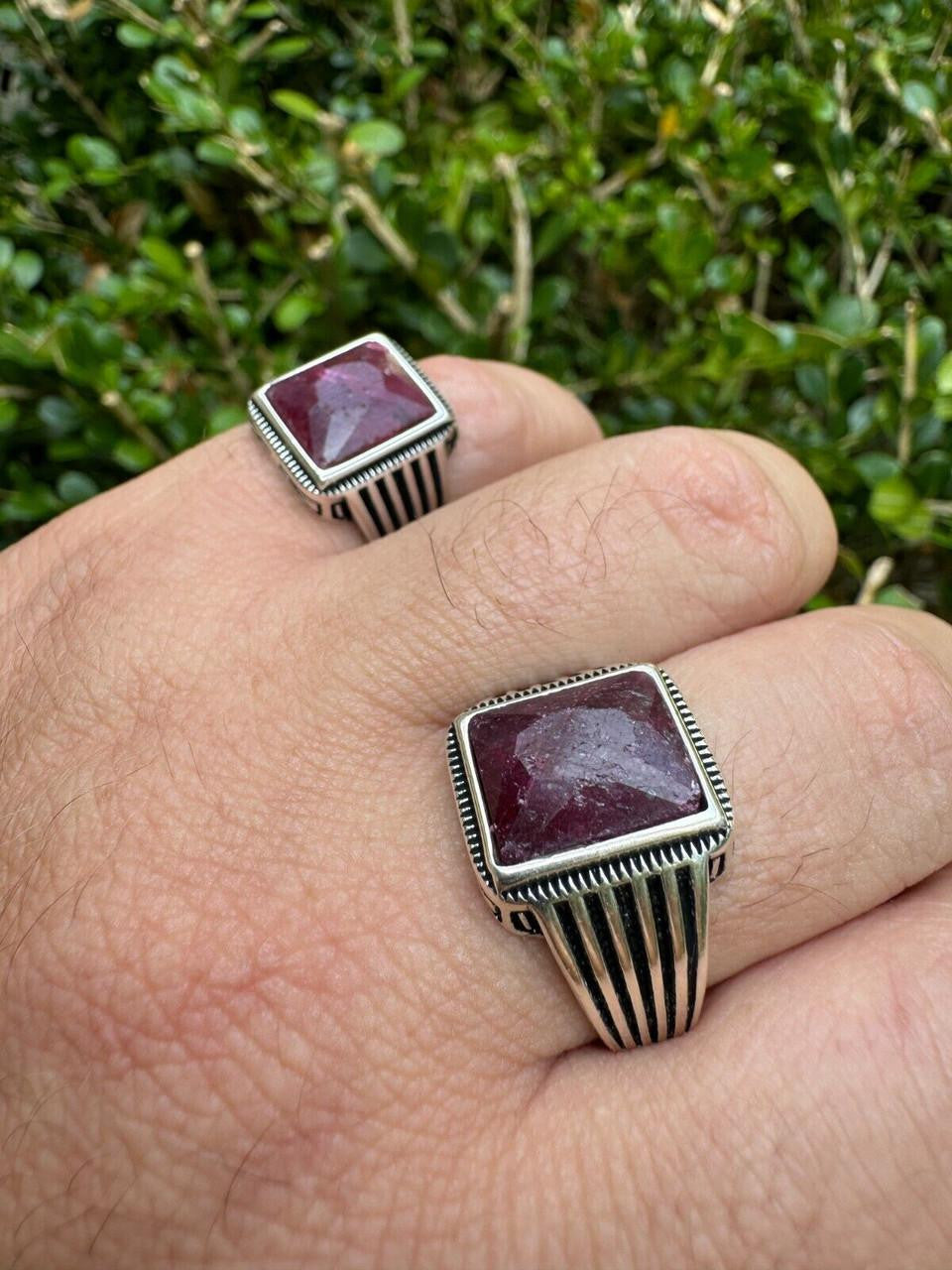 925 Silver - Genuine Red Ruby Stone | Mens Natural Ruby Ring