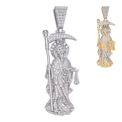 HarlemBling Santa Muerte Grim Reaper Death Icy Pendant - 14k Gold Vermeil Or 925 Silver - CZ Stones - Medium 2"