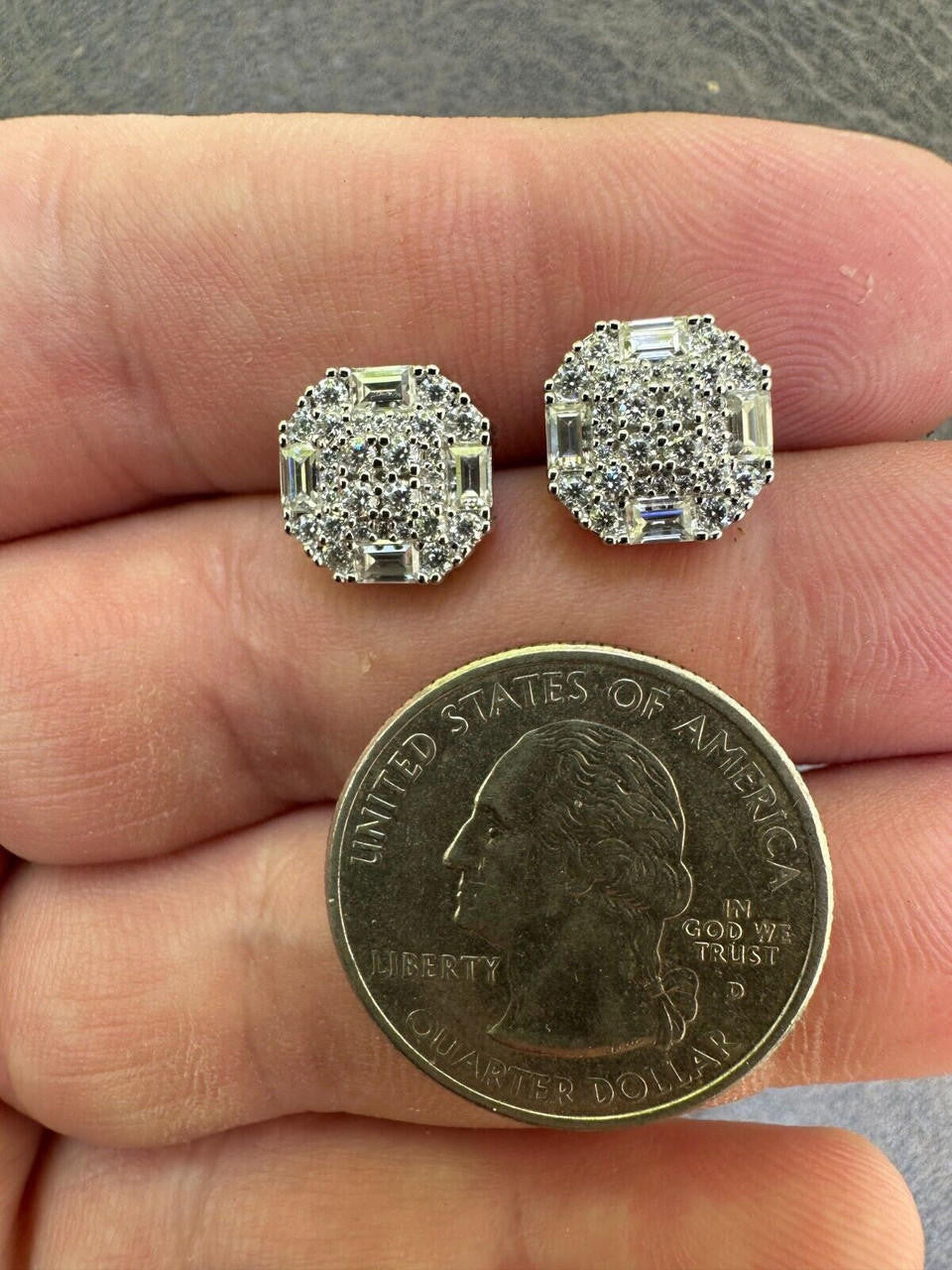 HarlemBling Screwback Earrings 10mm Real 925 Silver CZ Baguette Iced Mens Studs Hip Hop