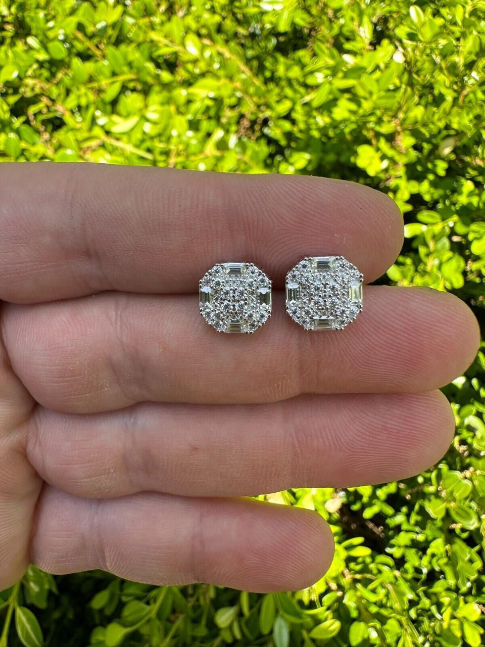 HarlemBling Screwback Earrings 10mm Real 925 Silver CZ Baguette Iced Mens Studs Hip Hop