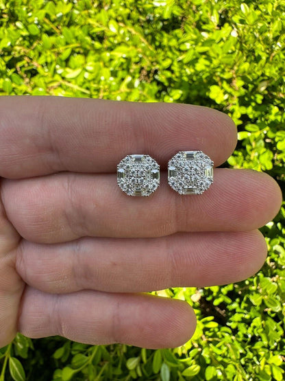 HarlemBling Screwback Earrings 10mm Real 925 Silver CZ Baguette Iced Mens Studs Hip Hop