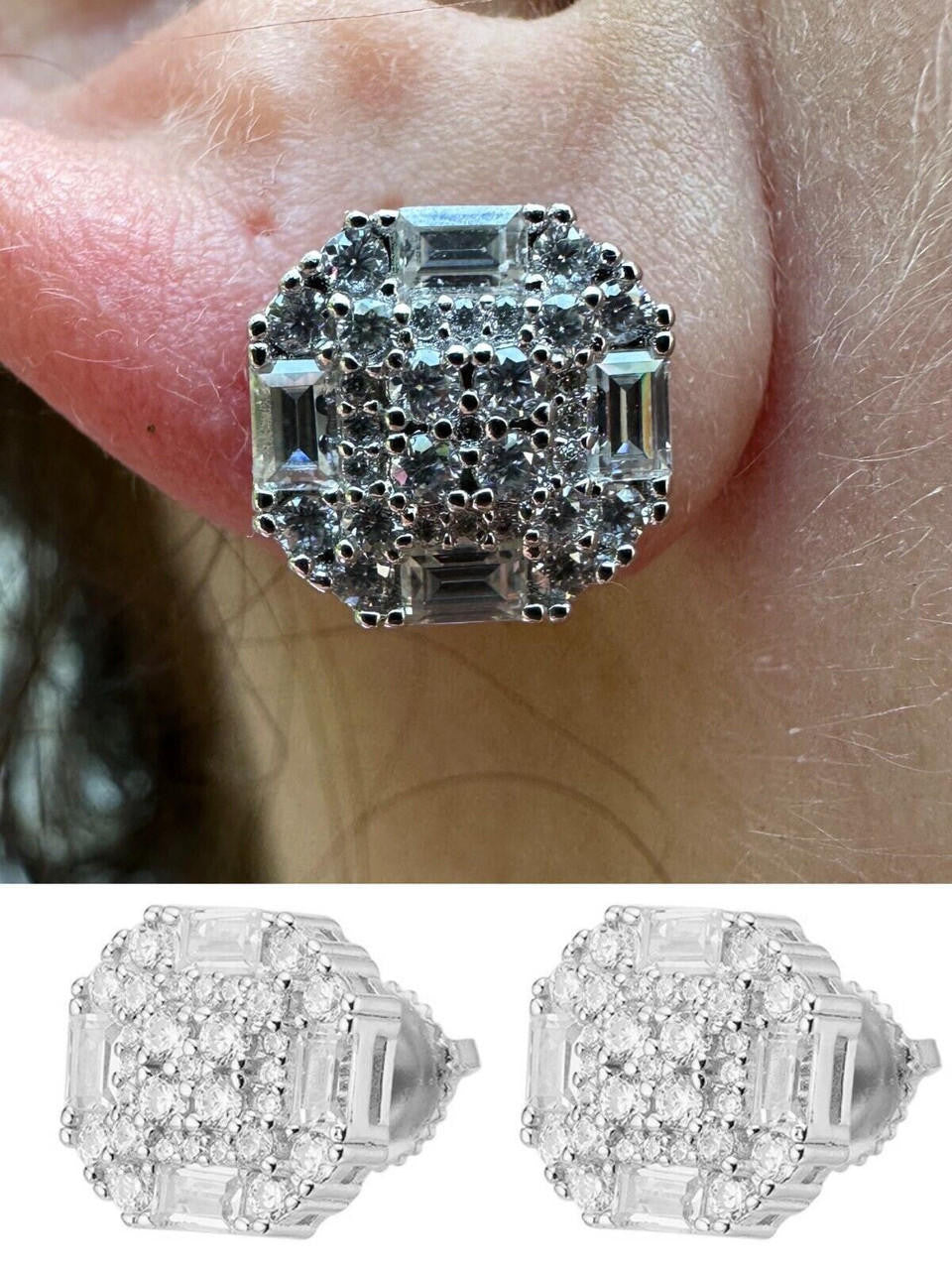 HarlemBling Screwback Earrings 10mm Real 925 Silver CZ Baguette Iced Mens Studs Hip Hop