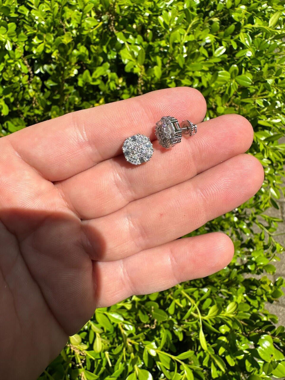 HarlemBling Screwback Earrings 10mm Real 925 Silver CZ Baguette Iced Mens Studs Hip Hop