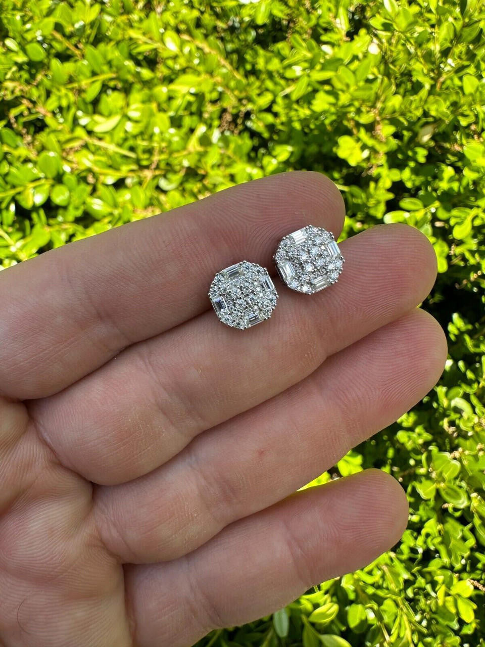 HarlemBling Screwback Earrings 10mm Real 925 Silver CZ Baguette Iced Mens Studs Hip Hop