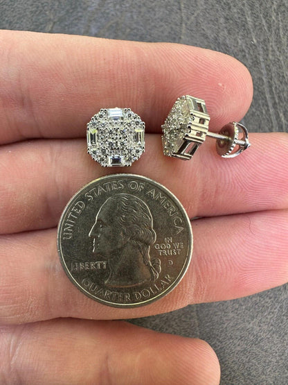 HarlemBling Screwback Earrings 10mm Real 925 Silver CZ Baguette Iced Mens Studs Hip Hop