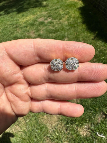 HarlemBling Screwback Earrings 10mm Real 925 Silver CZ Baguette Iced Mens Studs Hip Hop