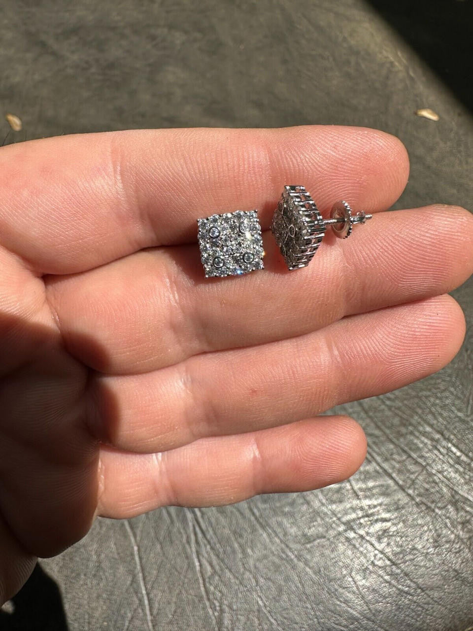 HarlemBling Screwback Earrings Square 10mm Real 925 Silver CZ Iced Large Mens Studs Hip Hop