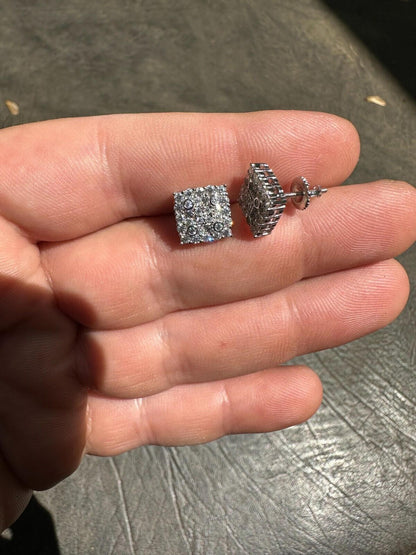 HarlemBling Screwback Earrings Square 10mm Real 925 Silver CZ Iced Large Mens Studs Hip Hop