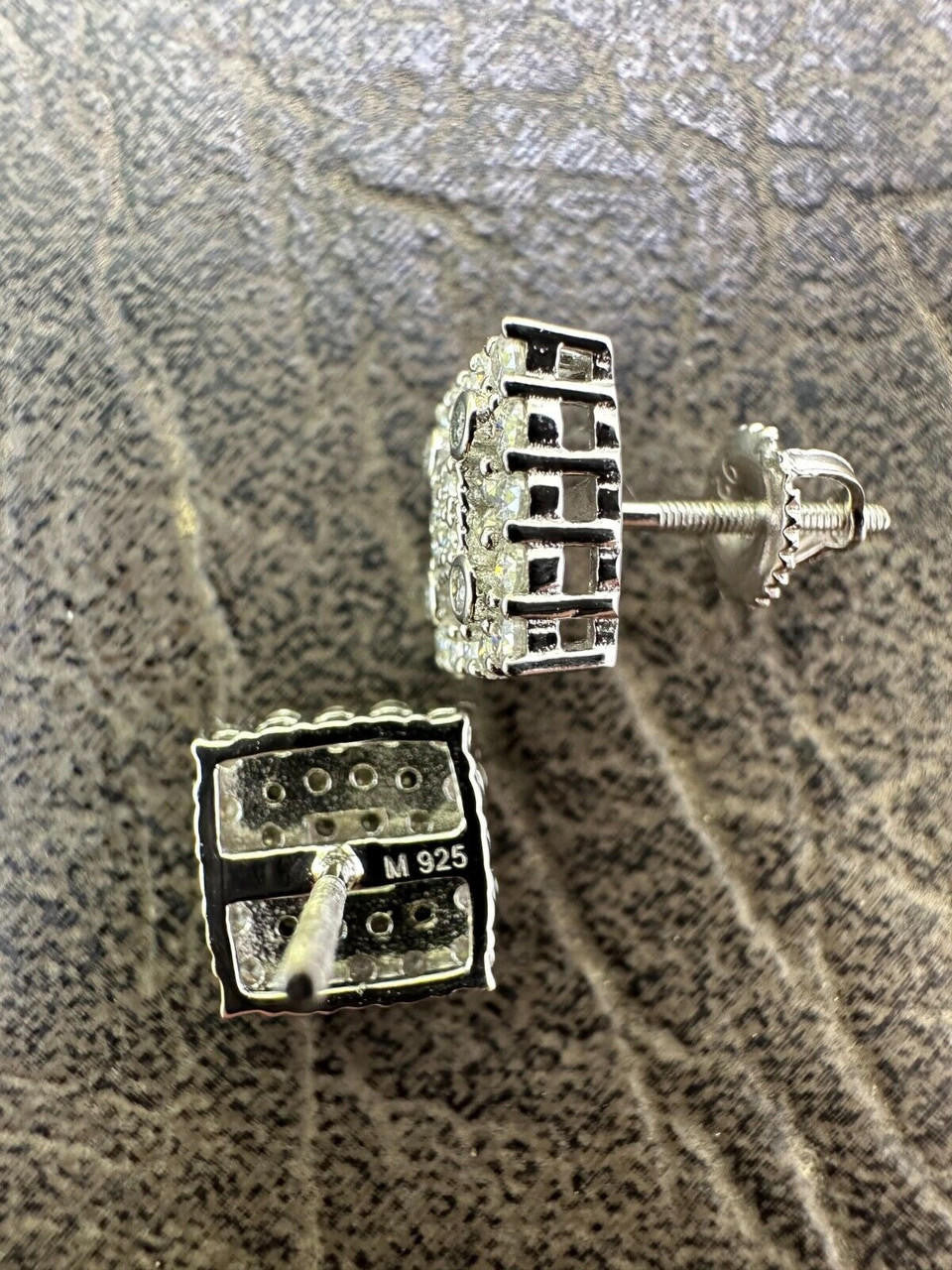 HarlemBling Screwback Earrings Square 10mm Real 925 Silver CZ Iced Large Mens Studs Hip Hop