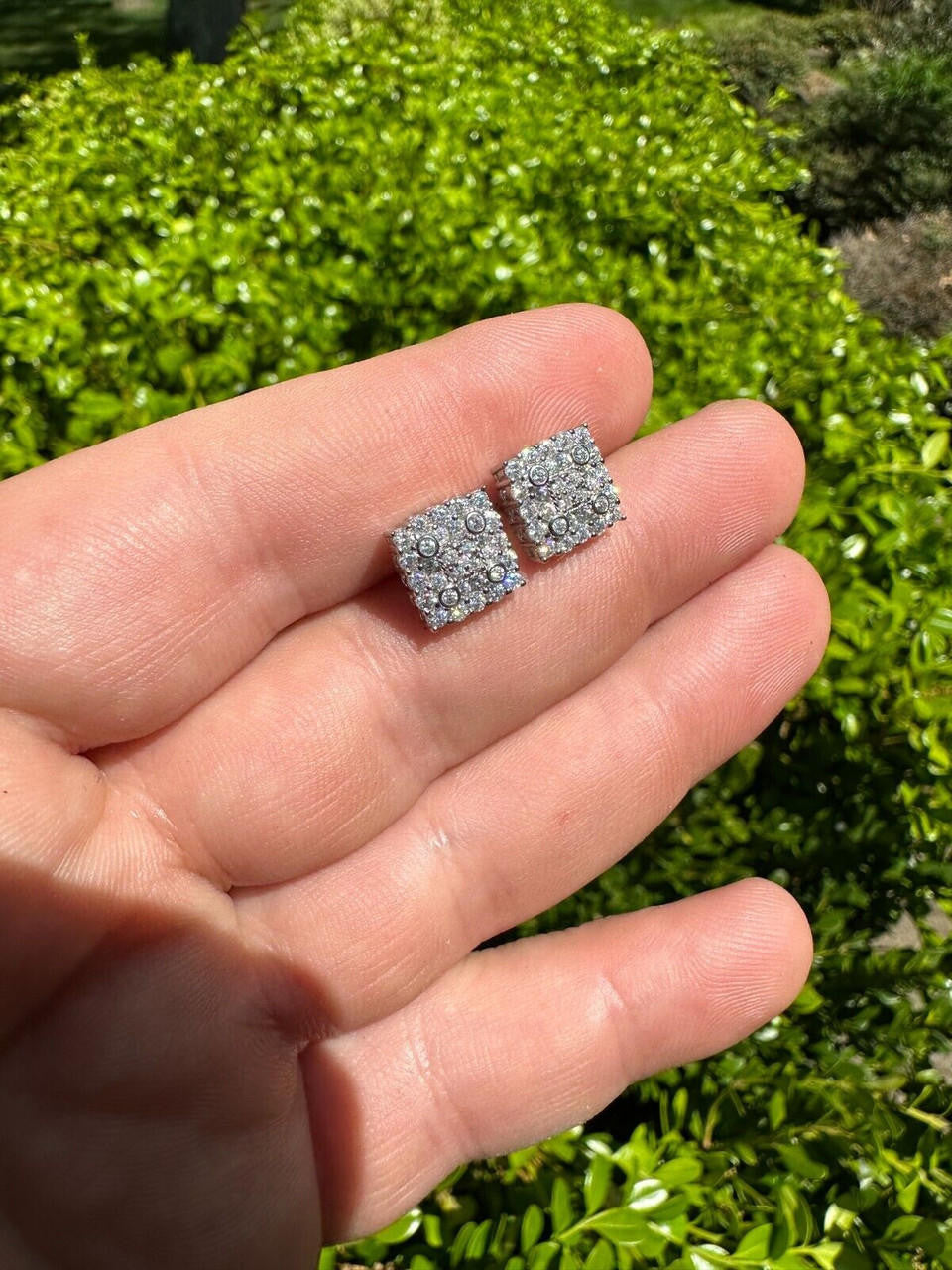 HarlemBling Screwback Earrings Square 10mm Real 925 Silver CZ Iced Large Mens Studs Hip Hop