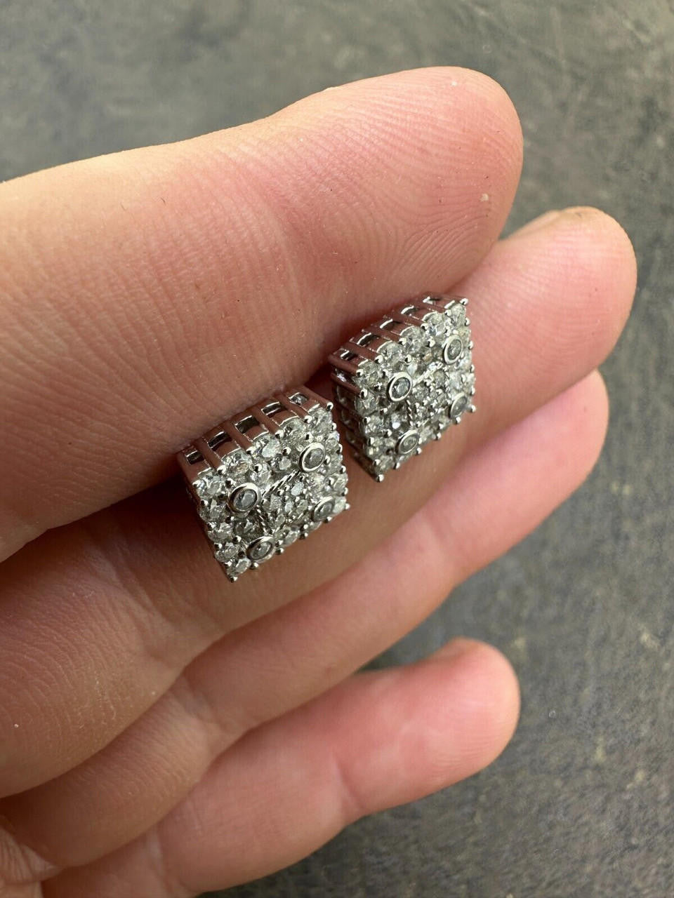 HarlemBling Screwback Earrings Square 10mm Real 925 Silver CZ Iced Large Mens Studs Hip Hop