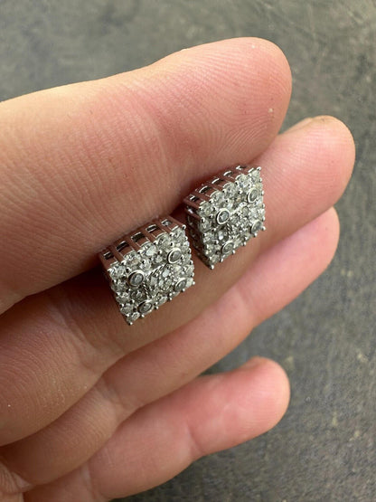 HarlemBling Screwback Earrings Square 10mm Real 925 Silver CZ Iced Large Mens Studs Hip Hop
