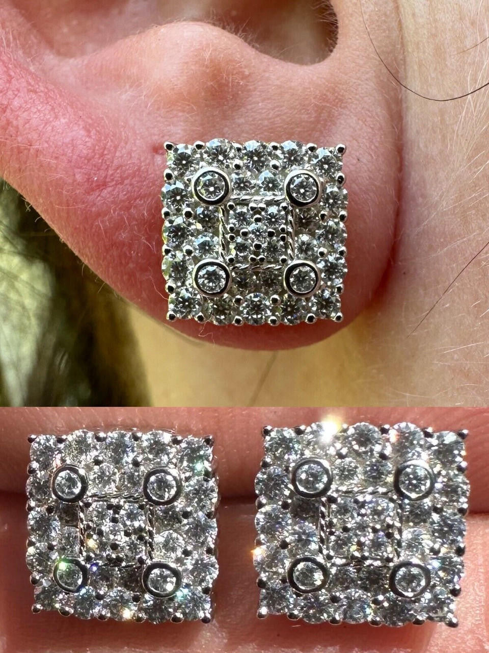 HarlemBling Screwback Earrings Square 10mm Real 925 Silver CZ Iced Large Mens Studs Hip Hop
