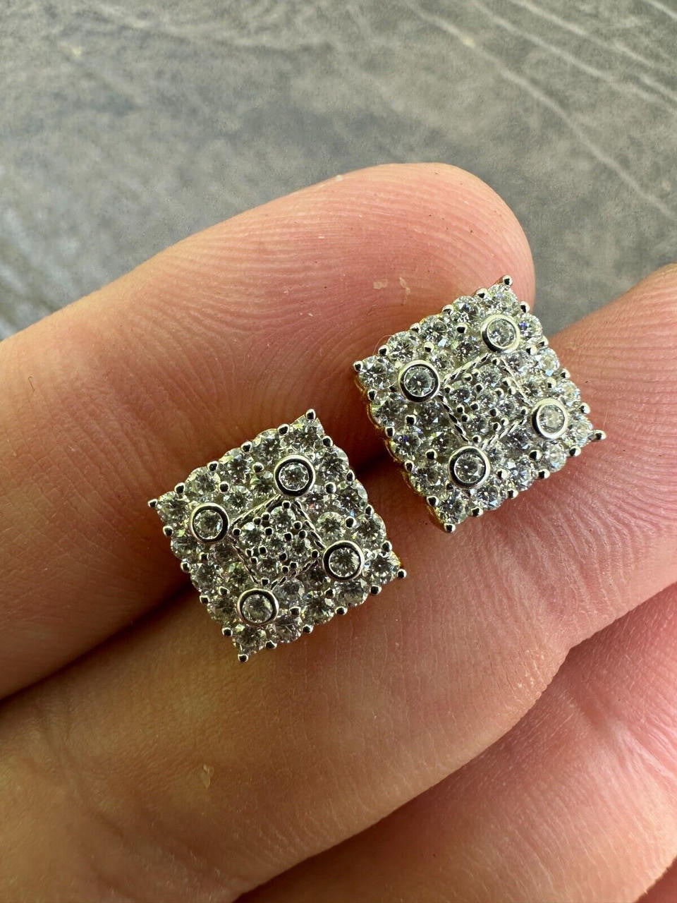 HarlemBling Screwback Earrings Square 10mm Real 925 Silver CZ Iced Large Mens Studs Hip Hop