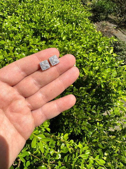 HarlemBling Screwback Earrings Square 10mm Real 925 Silver CZ Iced Large Mens Studs Hip Hop