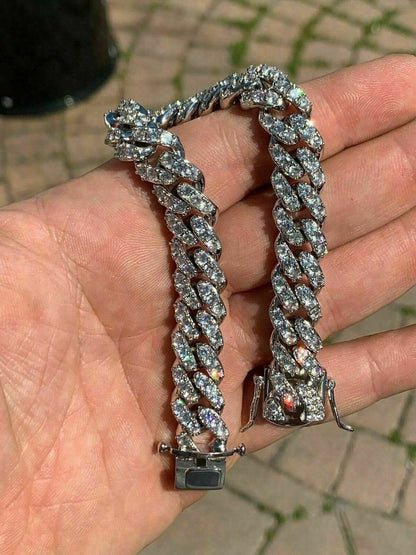 HarlemBling Silver Mens Miami Cuban Bracelet Real Iced Moissanite Pass Diamond Tester HEAVY