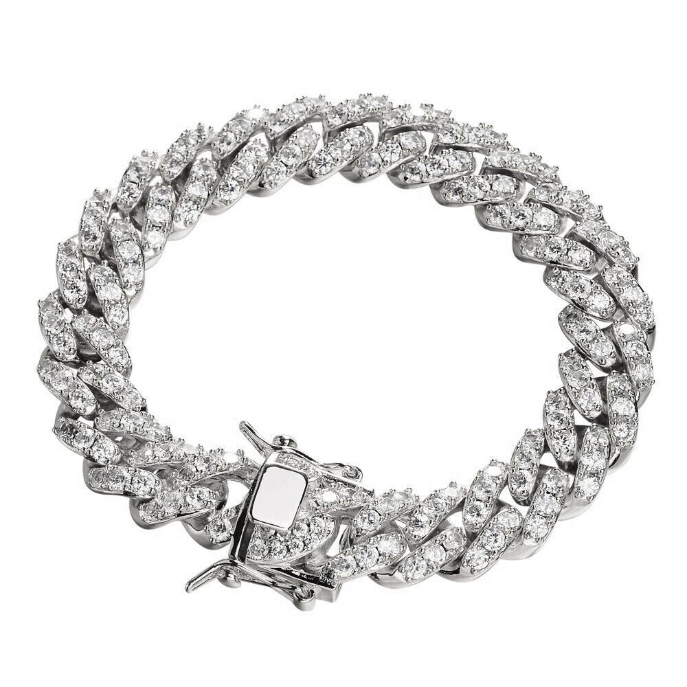 HarlemBling Silver Mens Miami Cuban Bracelet Real Iced Moissanite Pass Diamond Tester HEAVY
