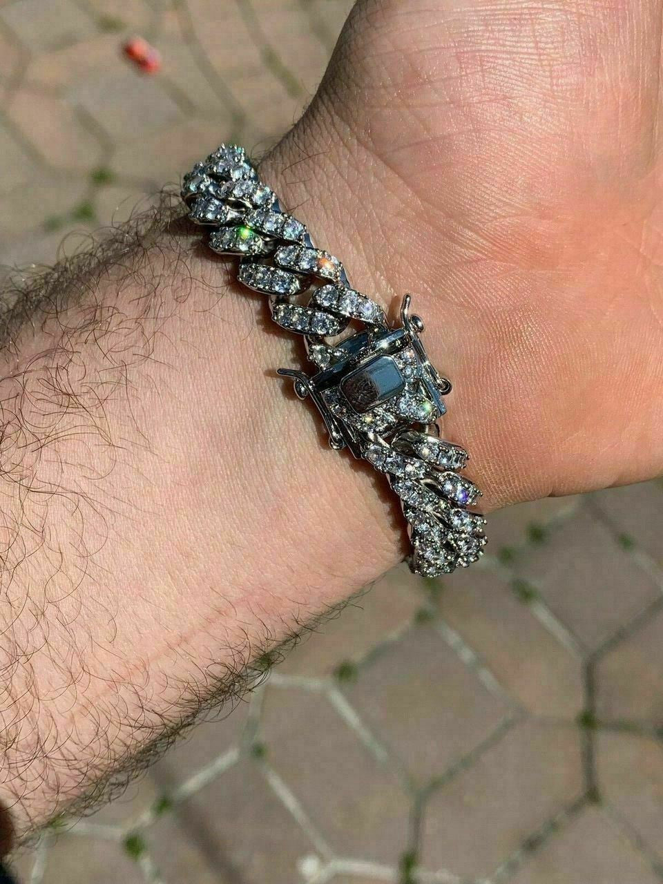 HarlemBling Silver Mens Miami Cuban Bracelet Real Iced Moissanite Pass Diamond Tester HEAVY