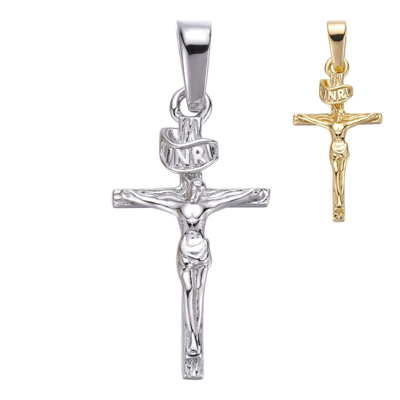HarlemBling Small 0.75" 925 Sterling Silver Plain Gold Cross Jesus Crucifix Pendant Necklace
