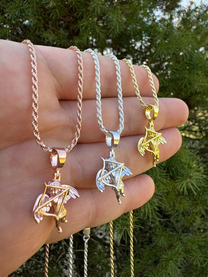 HarlemBling Small Cupid W. Bow & Arrow Cherub Pendant 925 Silver Love Angel Pendant Necklace