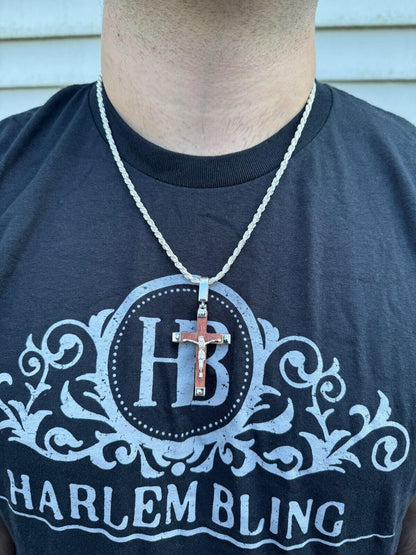 HarlemBling Small Plain Real 925 Silver & Natural Wood Jesus Cross Pendant Necklace 1.25"