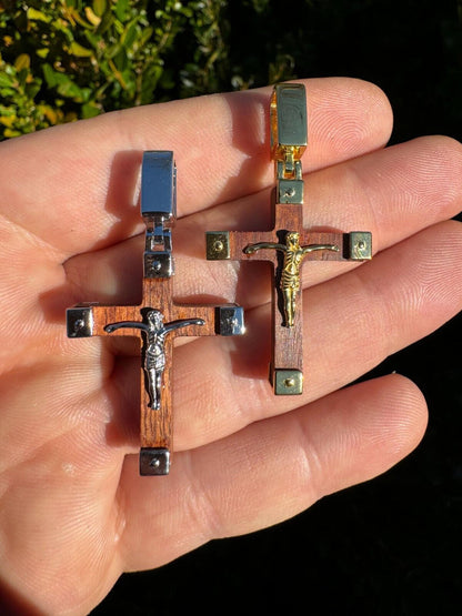 HarlemBling Small Plain Real 925 Silver & Natural Wood Jesus Cross Pendant Necklace 1.25"