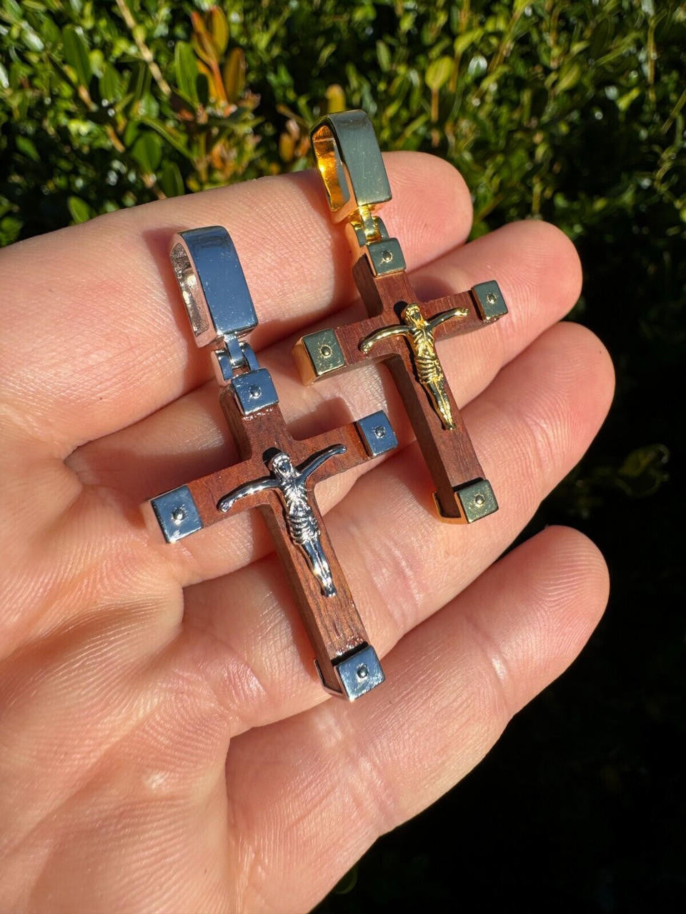 HarlemBling Small Plain Real 925 Silver & Natural Wood Jesus Cross Pendant Necklace 1.25"