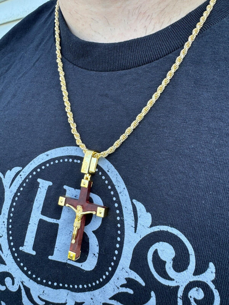 HarlemBling Small Plain Real 925 Silver & Natural Wood Jesus Cross Pendant Necklace 1.25"