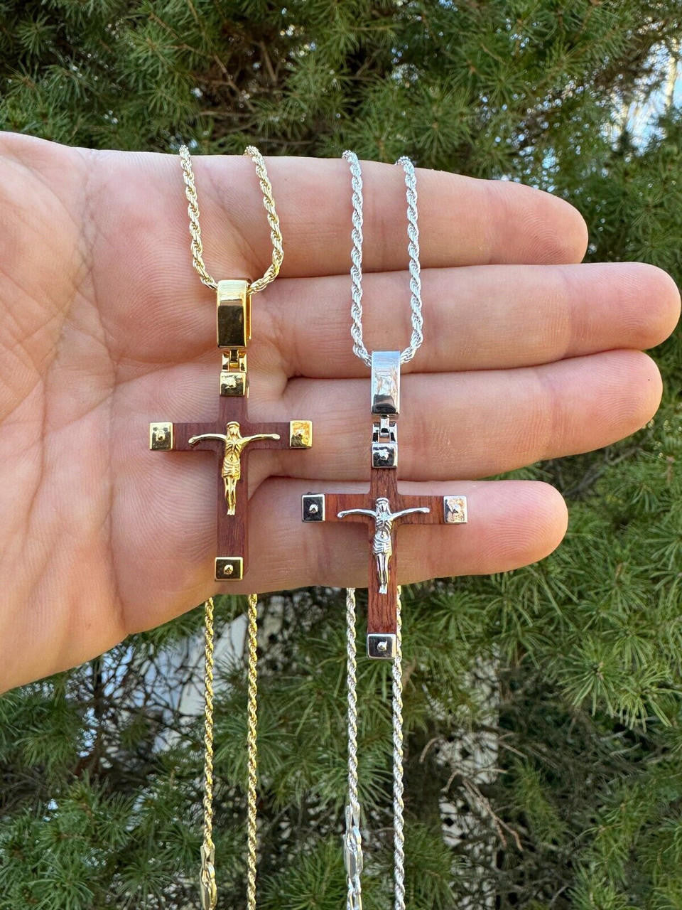 HarlemBling Small Plain Real 925 Silver & Natural Wood Jesus Cross Pendant Necklace 1.25"