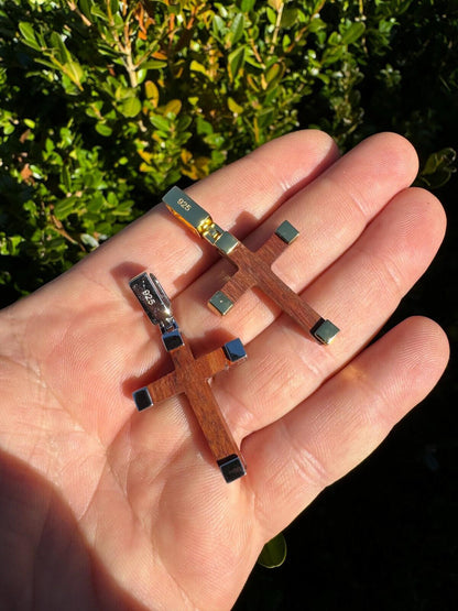 HarlemBling Small Plain Real 925 Silver & Natural Wood Jesus Cross Pendant Necklace 1.25"