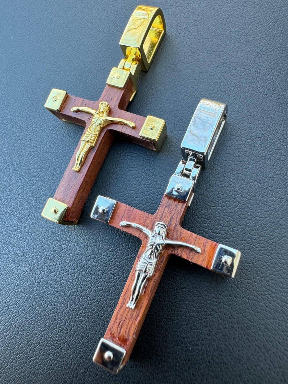 HarlemBling Small Plain Real 925 Silver & Natural Wood Jesus Cross Pendant Necklace 1.25"