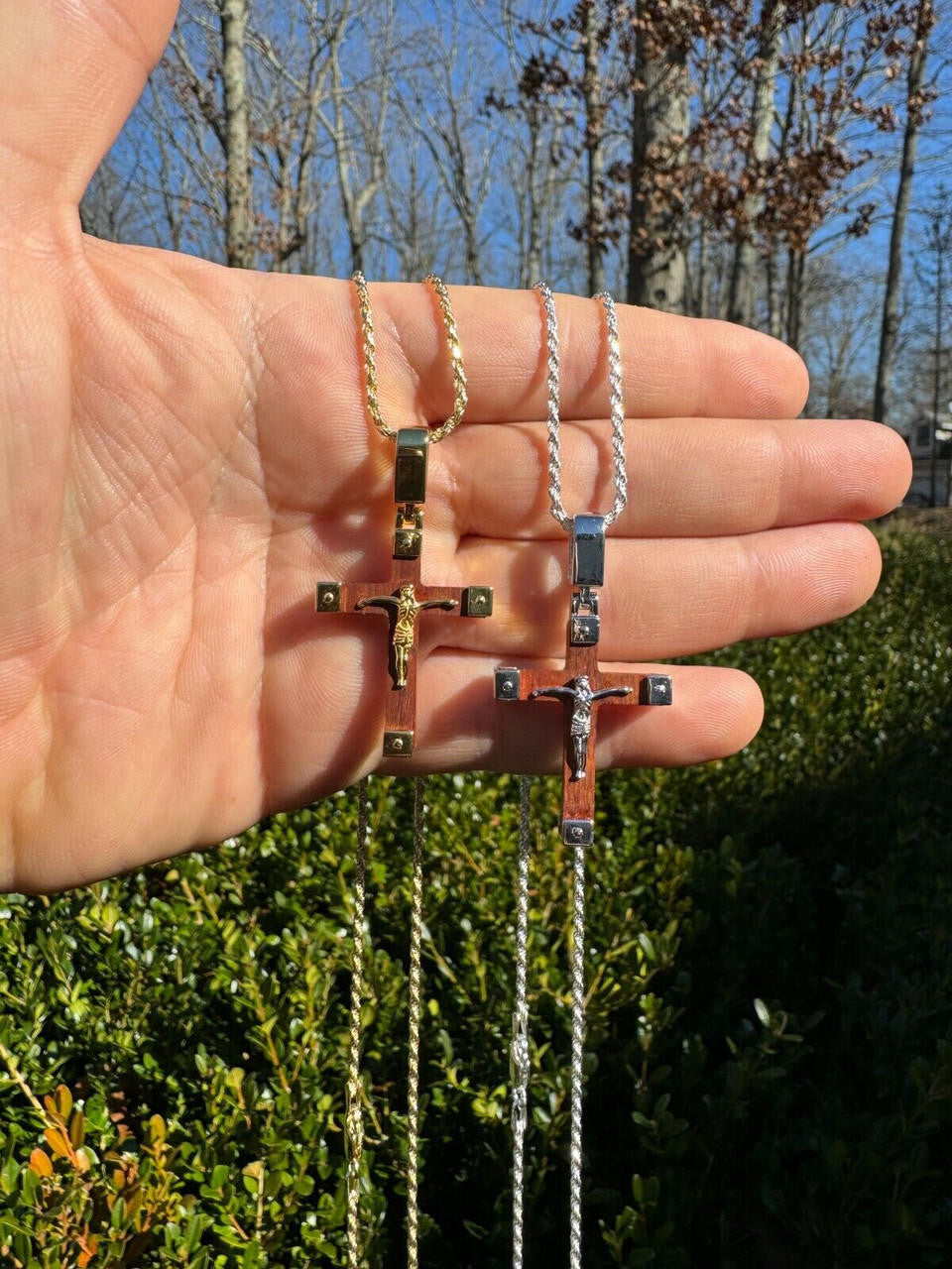 HarlemBling Small Plain Real 925 Silver & Natural Wood Jesus Cross Pendant Necklace 1.25"