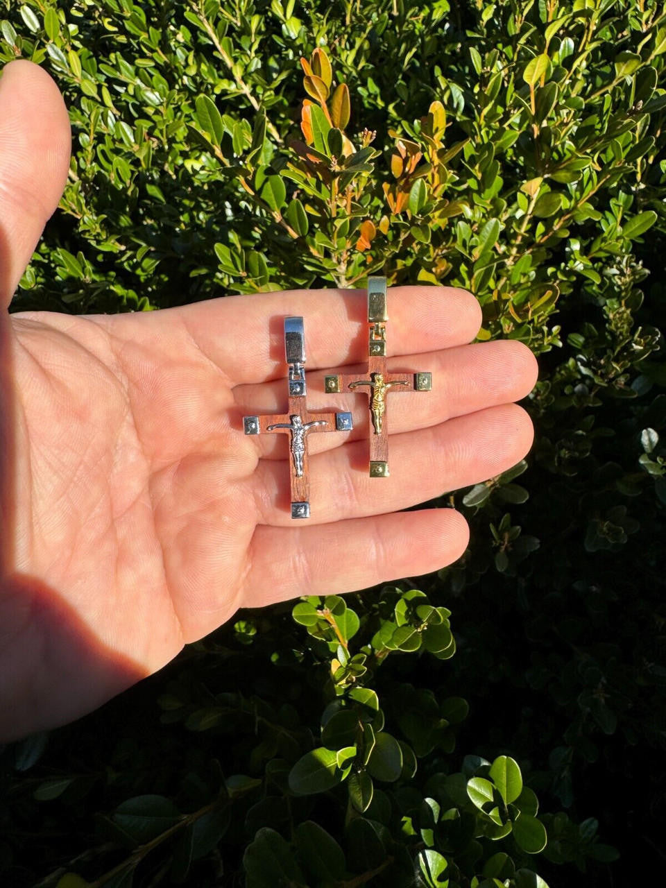 HarlemBling Small Plain Real 925 Silver & Natural Wood Jesus Cross Pendant Necklace 1.25"