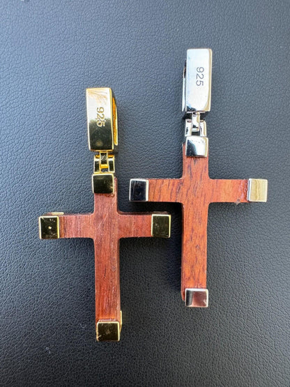 HarlemBling Small Plain Real 925 Silver & Natural Wood Jesus Cross Pendant Necklace 1.25"