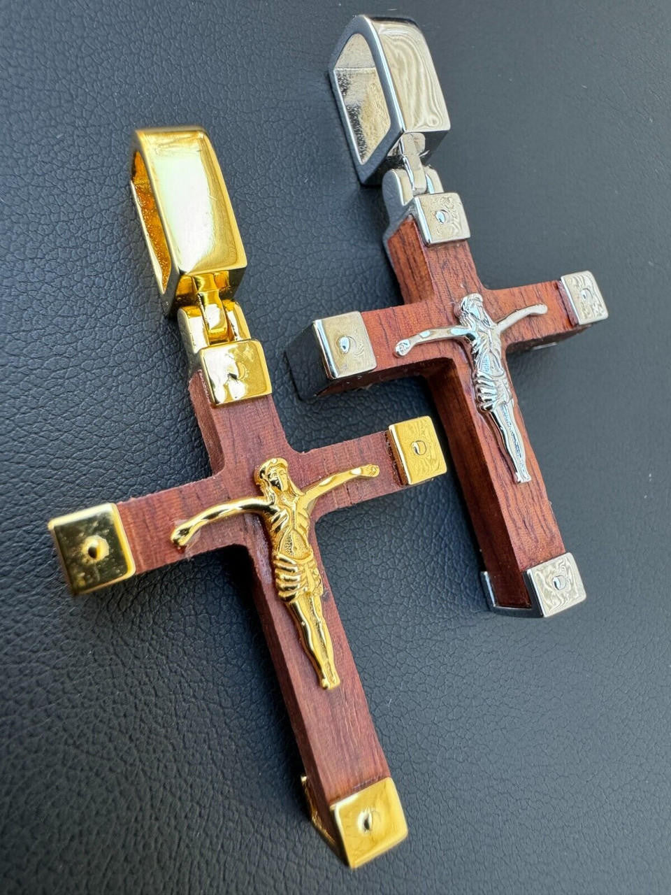 HarlemBling Small Plain Real 925 Silver & Natural Wood Jesus Cross Pendant Necklace 1.25"