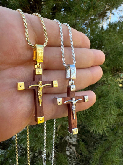 HarlemBling Small Plain Real 925 Silver & Natural Wood Jesus Cross Pendant Necklace 1.25"