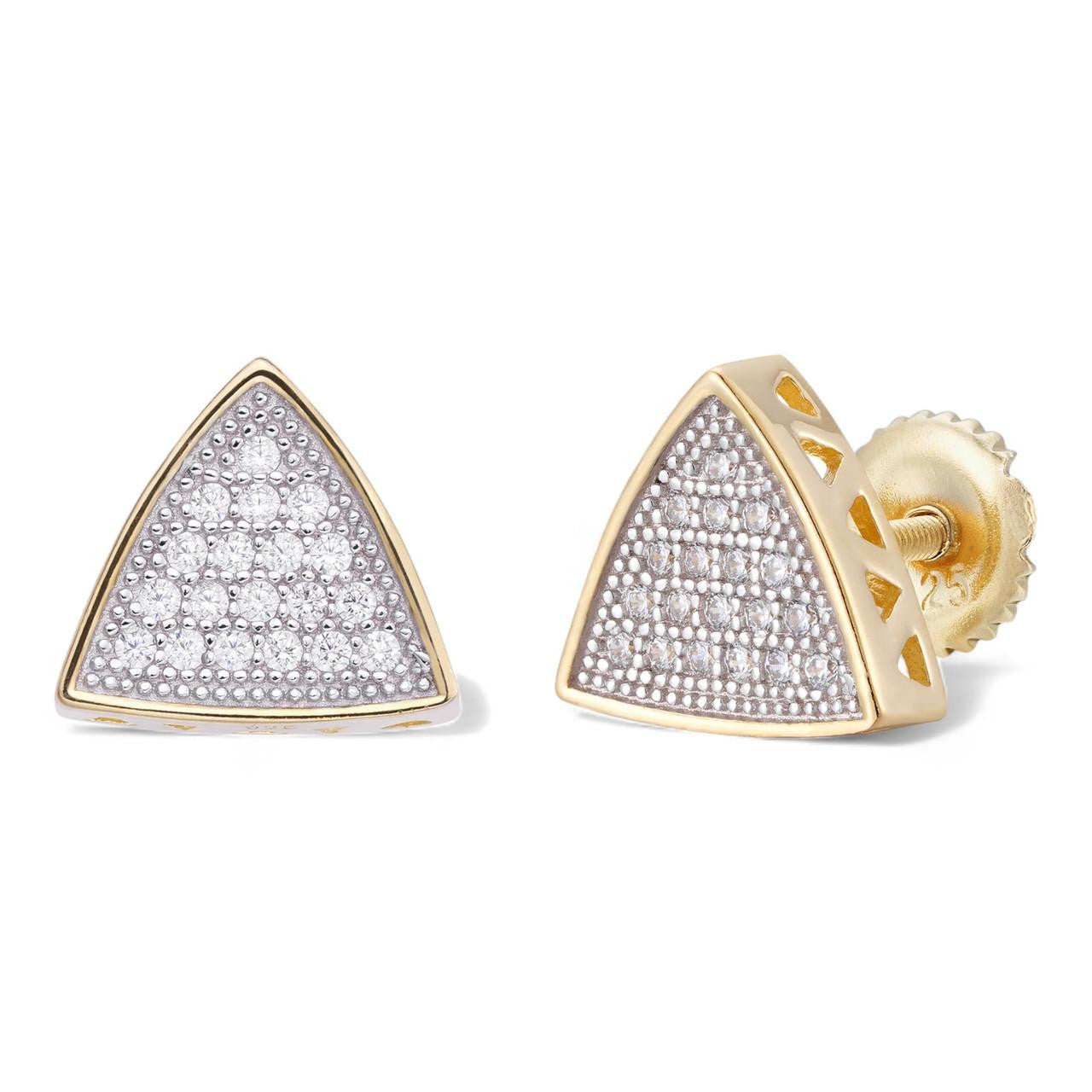 HarlemBling Small Sunburst Iced Out Triangle Shape Earrings - 14k Gold Vermeil 925 Silver - CZ Stones - 9mm