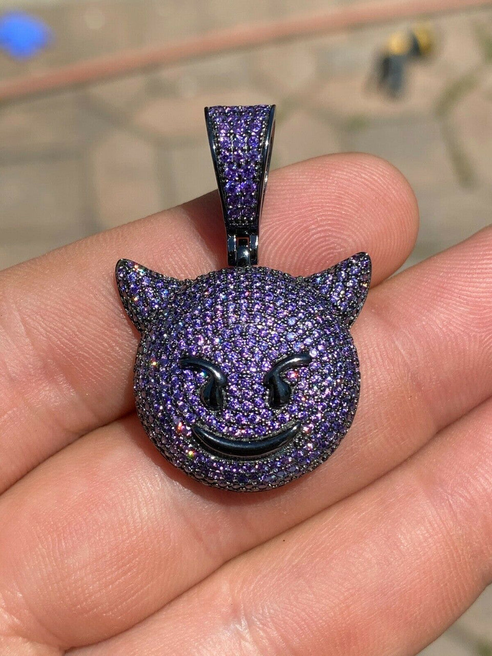 HarlemBling Smiling Devil Emoji Pendant Solid 925 Silver ICY Diamond Hip Hop Iced Diamond 1