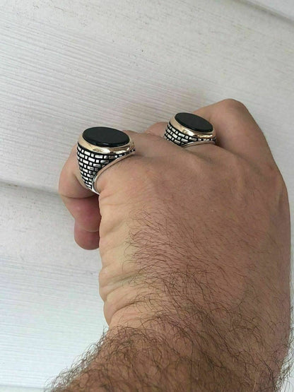 HarlemBling Solid 10k Gold and 925 Sterling Silver Black Onyx Mens LARGE Ring Size 7-13 Pinky
