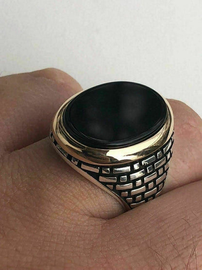 HarlemBling Solid 10k Gold and 925 Sterling Silver Black Onyx Mens LARGE Ring Size 7-13 Pinky