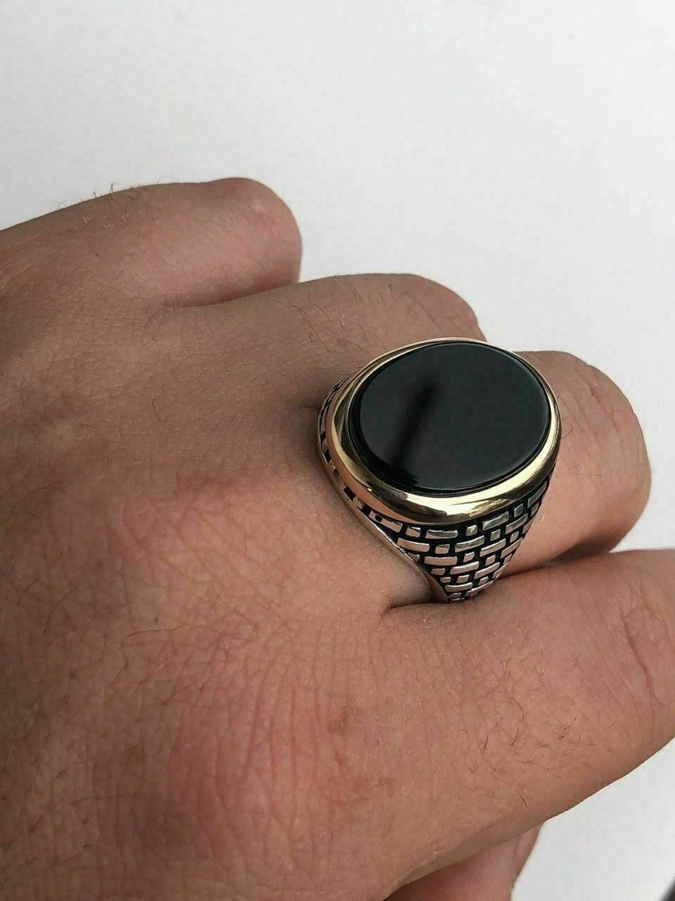 HarlemBling Solid 10k Gold and 925 Sterling Silver Black Onyx Mens LARGE Ring Size 7-13 Pinky