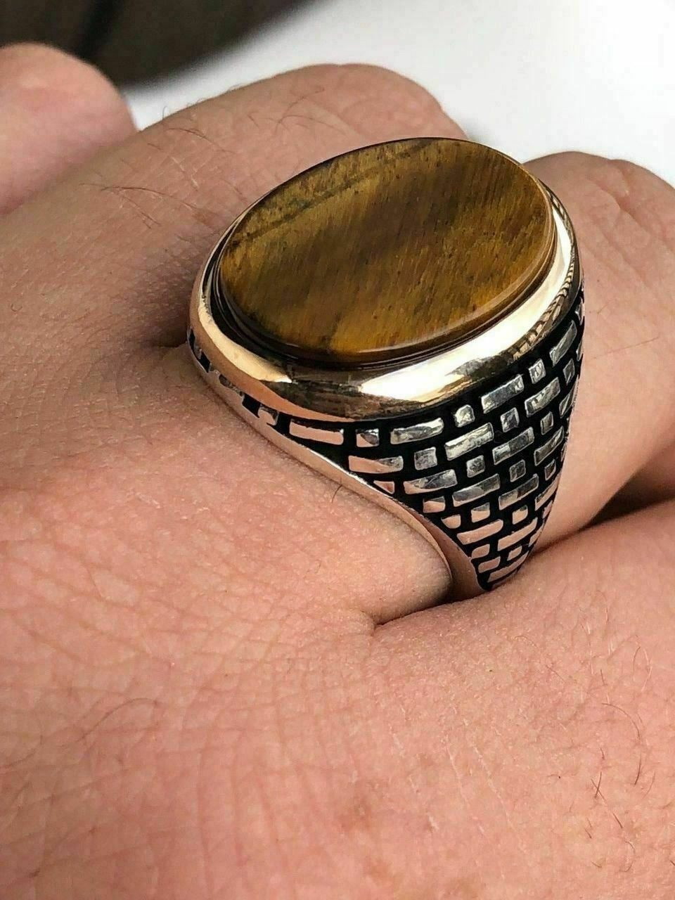 HarlemBling Solid 10k Gold and 925 Sterling Silver Tigers Eye Mens Ring Size 7-13 Pinky