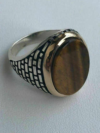 HarlemBling Solid 10k Gold and 925 Sterling Silver Tigers Eye Mens Ring Size 7-13 Pinky