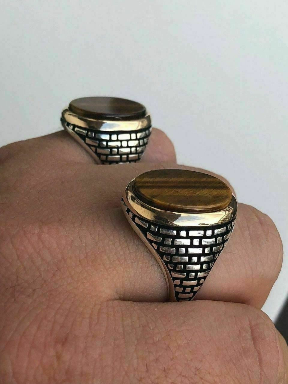 HarlemBling Solid 10k Gold and 925 Sterling Silver Tigers Eye Mens Ring Size 7-13 Pinky