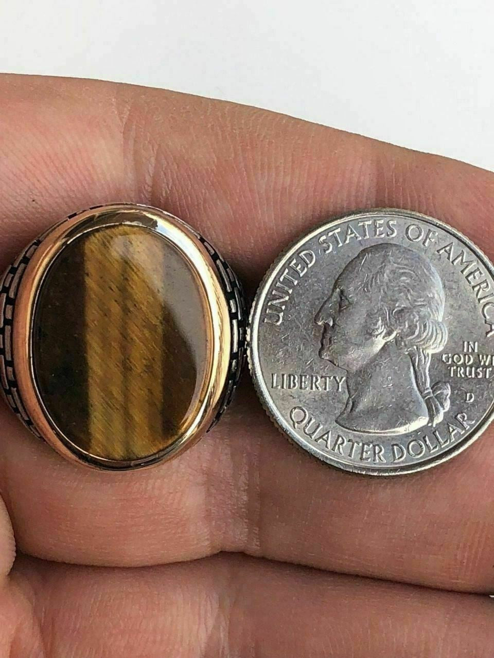 HarlemBling Solid 10k Gold and 925 Sterling Silver Tigers Eye Mens Ring Size 7-13 Pinky