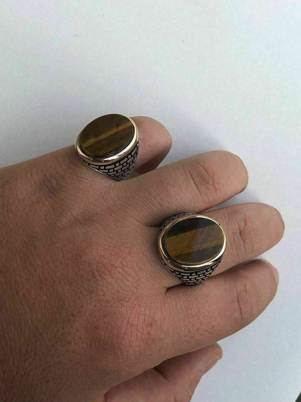 HarlemBling Solid 10k Gold and 925 Sterling Silver Tigers Eye Mens Ring Size 7-13 Pinky