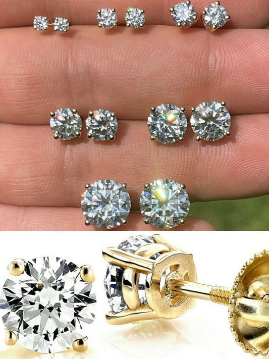 HarlemBling Solid 14k Yellow Gold Real Moissanite Stud Earrings Pass Diamond Tester 0.2-8ct