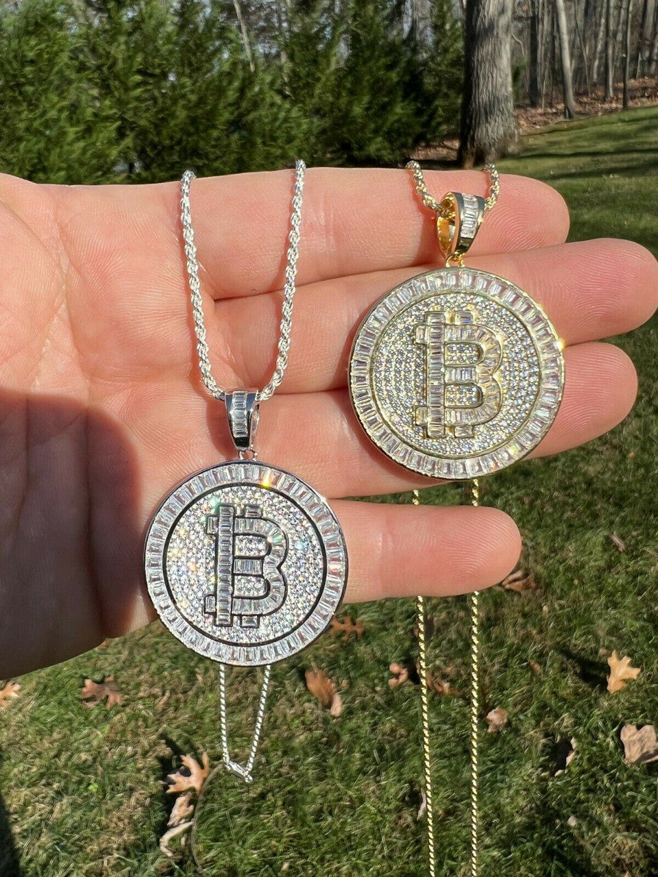 HarlemBling Solid 925 Silver / 14K Gold Bling Out Iced BITCOIN Big Hip Hop Pendant Necklace