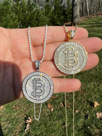 HarlemBling Solid 925 Silver / 14K Gold Bling Out Iced BITCOIN Big Hip Hop Pendant Necklace