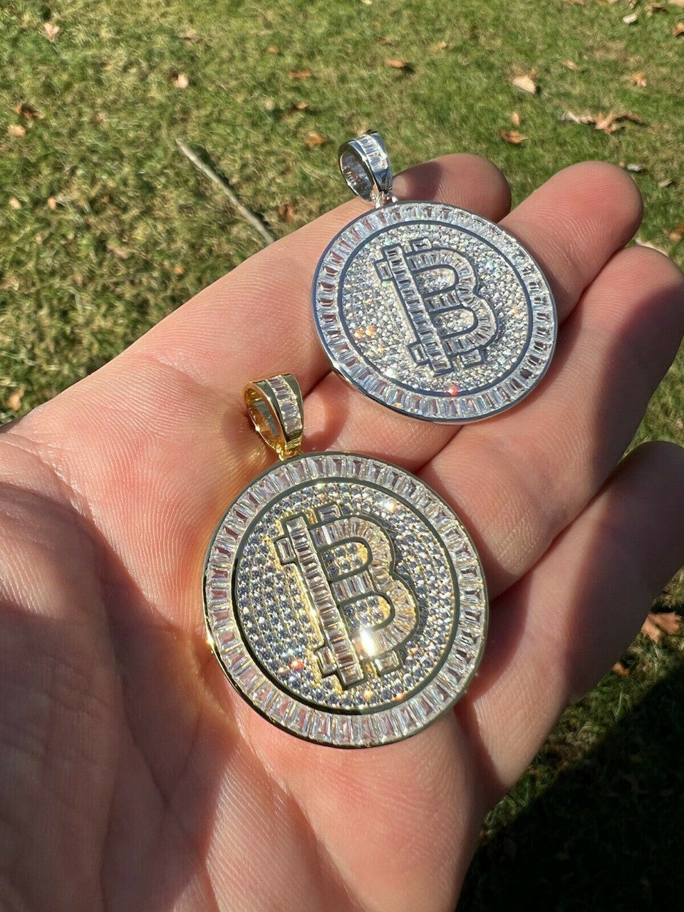 HarlemBling Solid 925 Silver / 14K Gold Bling Out Iced BITCOIN Big Hip Hop Pendant Necklace